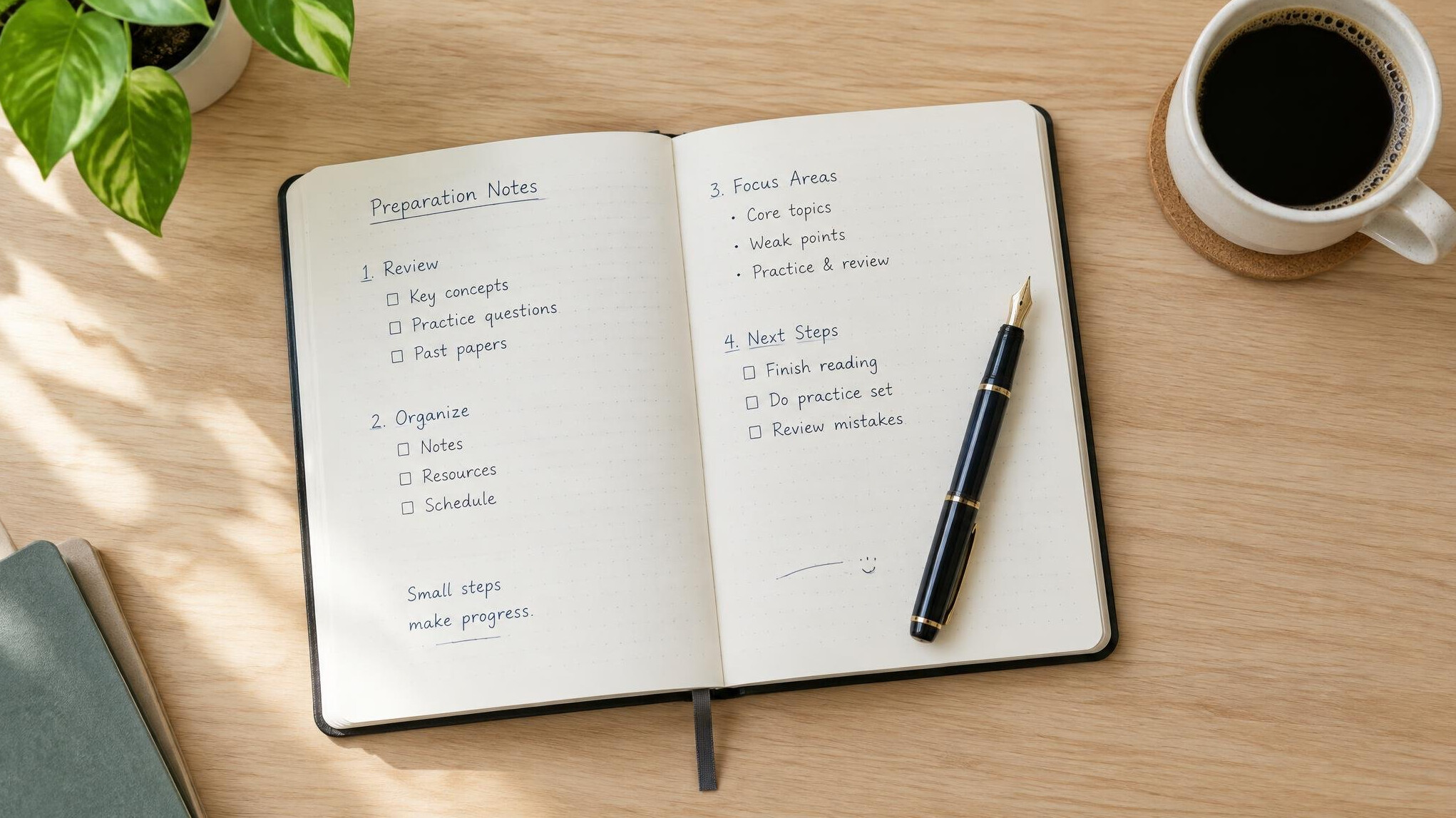 Open notebook with handwritten notes and a pen on a wooden desk