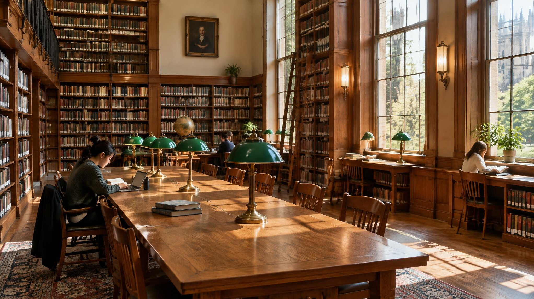 Bookshelves filled with books in a quiet library reading room