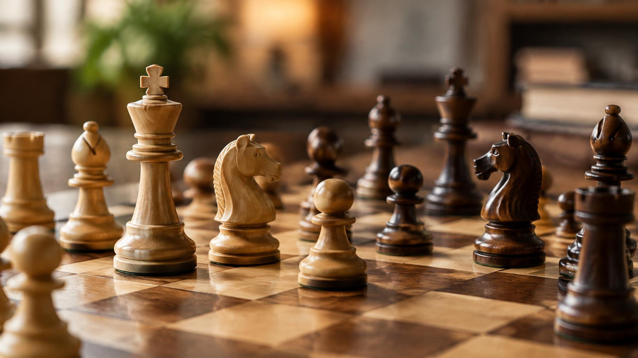 Chess pieces on a board in a strategic position close-up